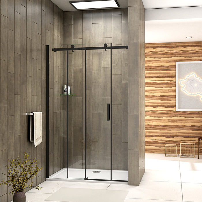 Angled view of black frameless sliding shower door with matt black fittings