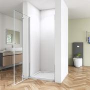 Angled view of chrome frameless bifold shower door with 6mm tempered glass