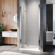 Angled view of frameless chrome bifold shower door with clear tempered glass
