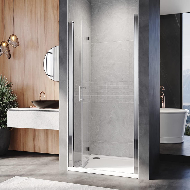 Angled view of frameless chrome bifold shower door with clear tempered glass