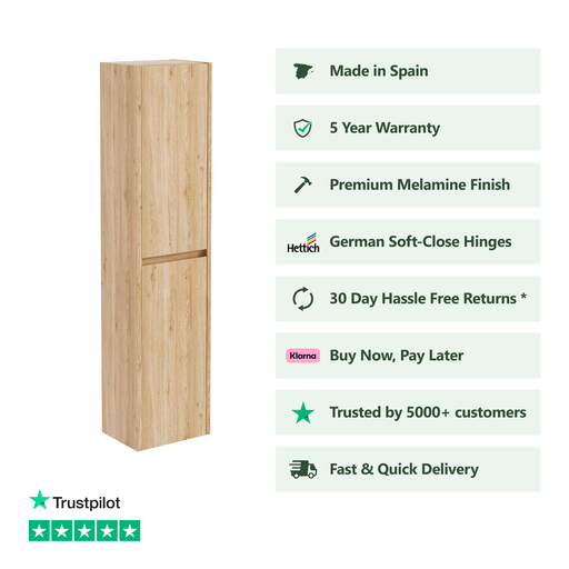 Angled view of Banyetti Mino 1500mm natural oak wall hung tall cabinet showing slim modern profile