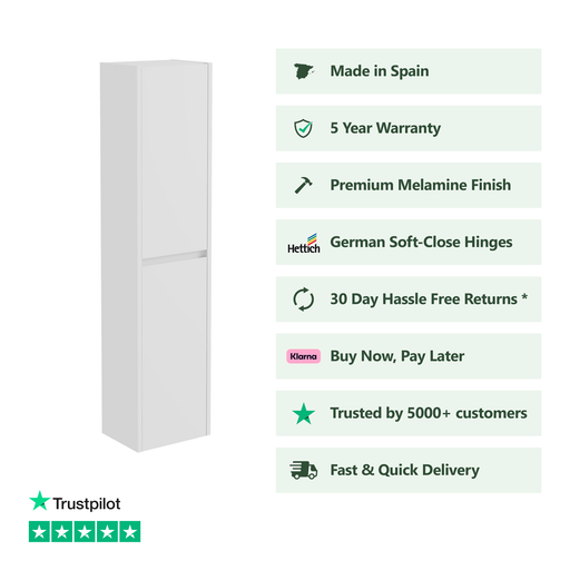 Angled view of Banyetti Venti 900mm matt white wall hung wall cabinet showing slim modern profile