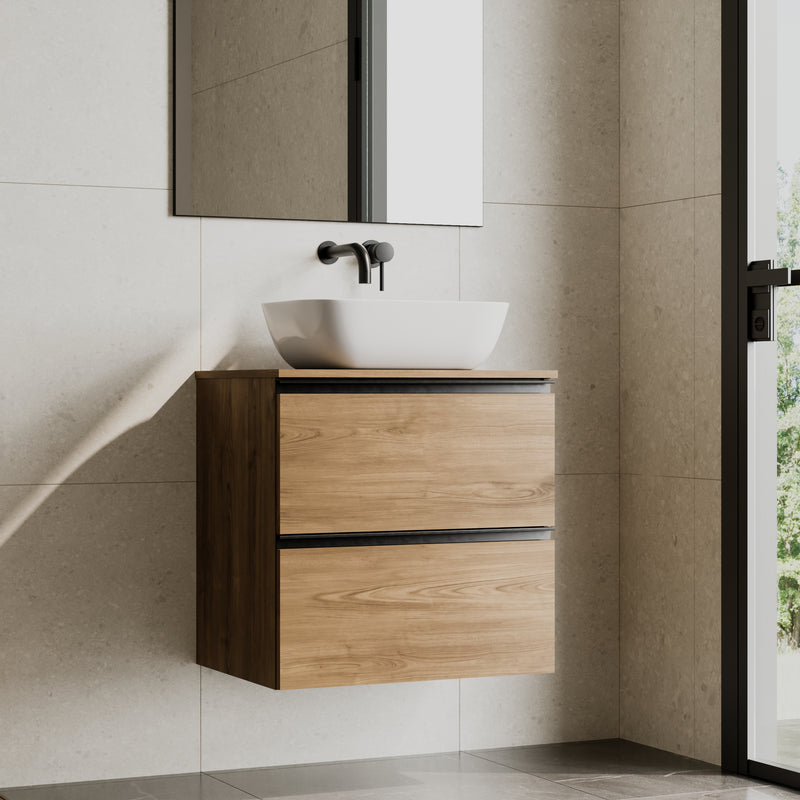 Banyetti Akiro Wall Hung Vanity Unit with Matching Worktop - 600mm Walnut