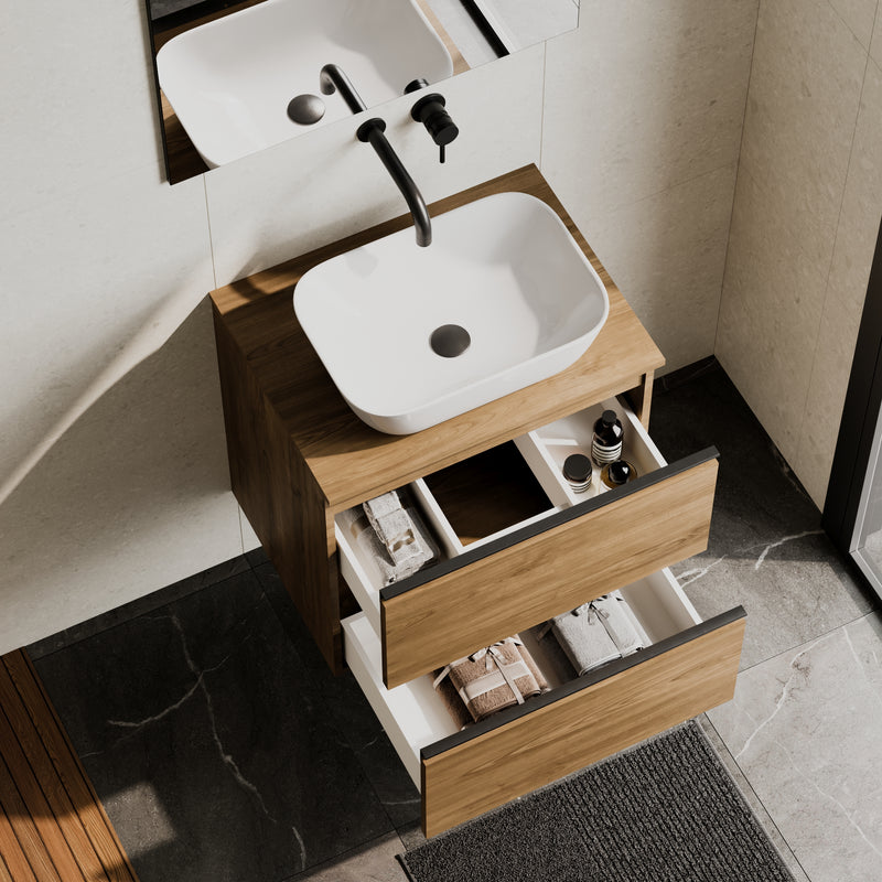 Banyetti Akiro Wall Hung Vanity Unit with Matching Worktop - 600mm Walnut