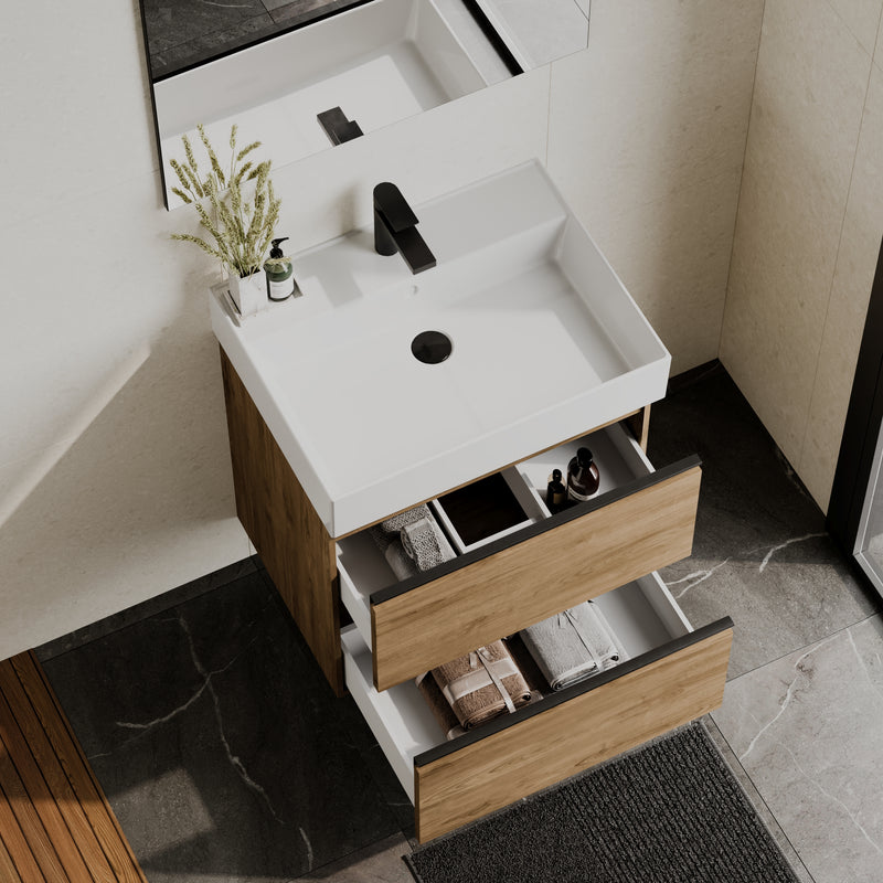 Banyetti Akiro Walnut Wall Hung Vanity Unit with Matt Anthracite Handles - Select Size