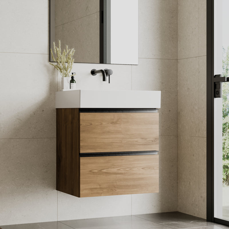 Banyetti Akiro Walnut Wall Hung Vanity Unit with Matt Anthracite Handles - Select Size