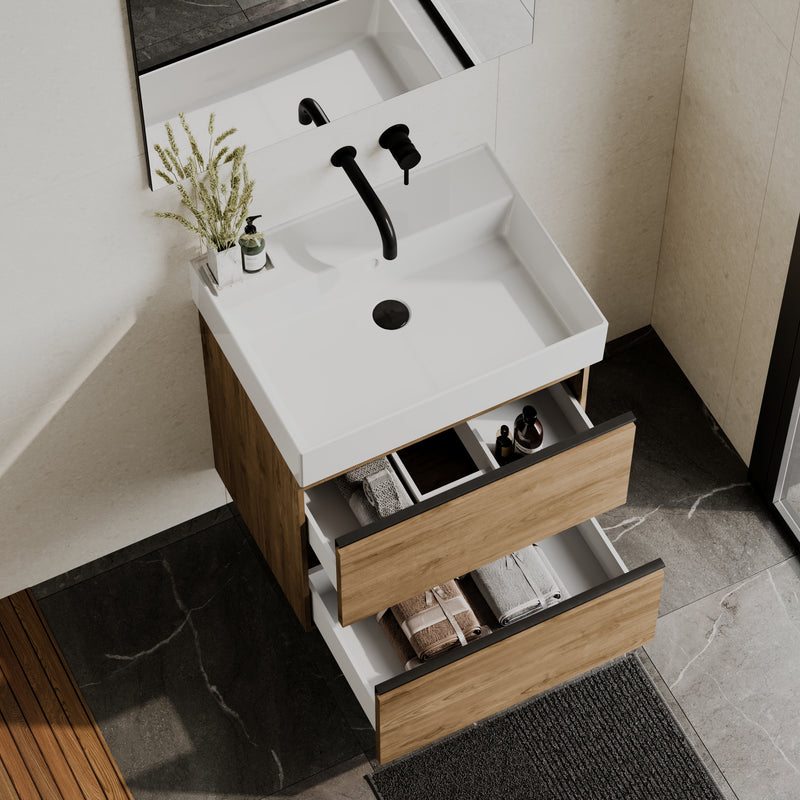 Banyetti Akiro Walnut Wall Hung Vanity Unit with Matt Anthracite Handles - Select Size