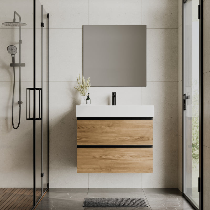 Banyetti Akiro Walnut Wall Hung Vanity Unit with Matt Anthracite Handles - Select Size