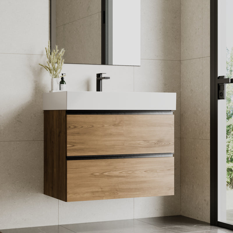 Banyetti Akiro Walnut Wall Hung Vanity Unit with Matt Anthracite Handles - Select Size