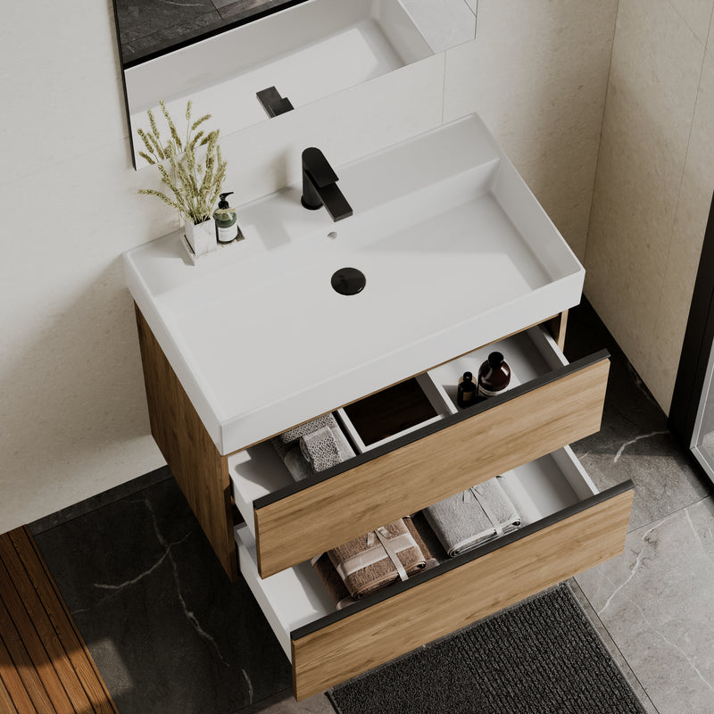 Banyetti Akiro Walnut Wall Hung Vanity Unit with Matt Anthracite Handles - Select Size