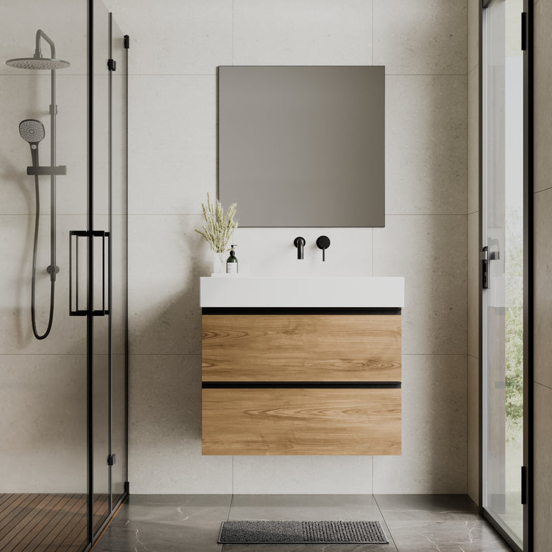 Banyetti Akiro Walnut Wall Hung Vanity Unit with Matt Anthracite Handles - Select Size