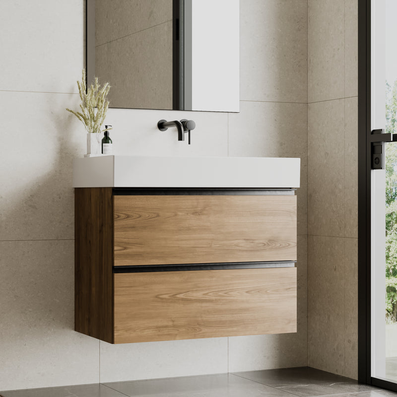 Banyetti Akiro Walnut Wall Hung Vanity Unit with Matt Anthracite Handles - Select Size