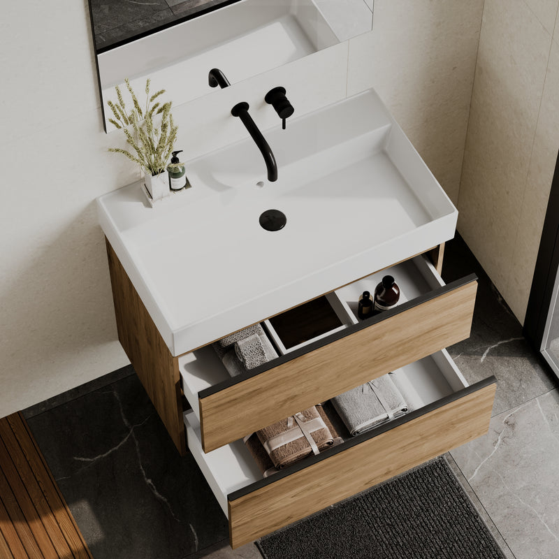 Banyetti Akiro Walnut Wall Hung Vanity Unit with Matt Anthracite Handles - Select Size