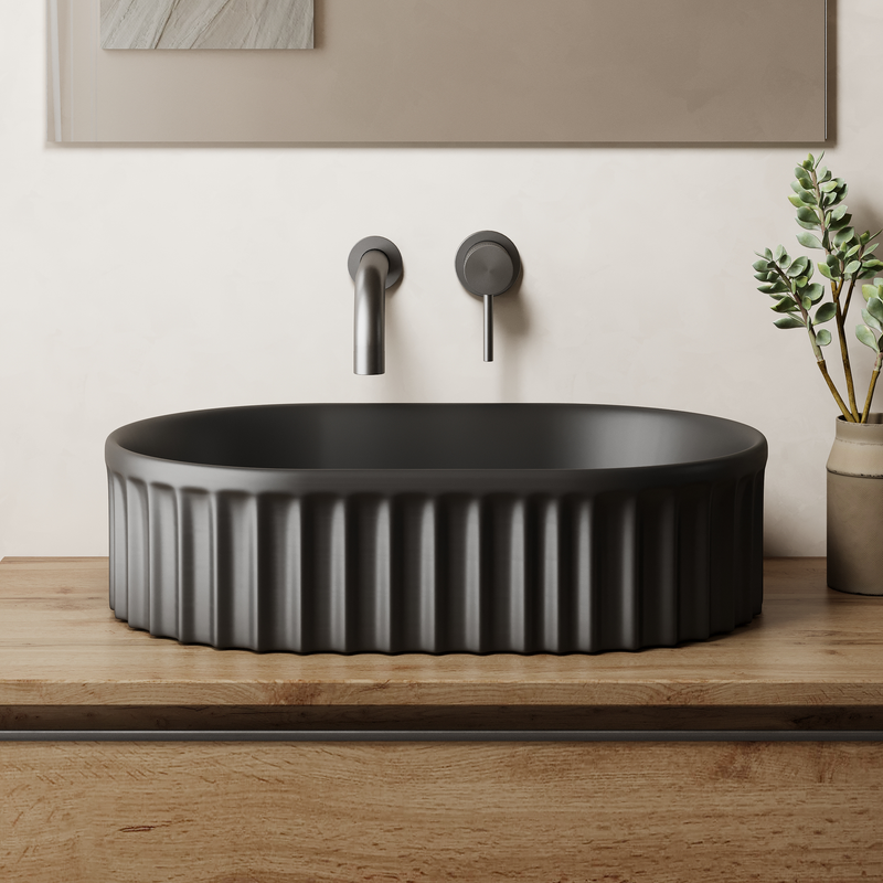 Banyetti Conca 550mm Oval Fluted Countertop Basin - Matt Black