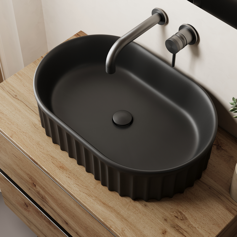 Banyetti Conca 550mm Oval Fluted Countertop Basin - Matt Black