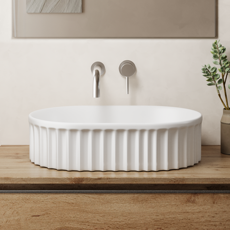 Banyetti Conca 550mm Oval Fluted Countertop Basin - Gloss White