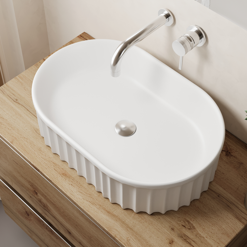 Banyetti Conca 550mm Oval Fluted Countertop Basin - Gloss White