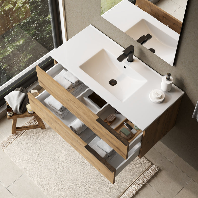 Banyetti Celtic Ostippo Oak Wall Hung Vanity Unit with Matt Black Handles - Select Size