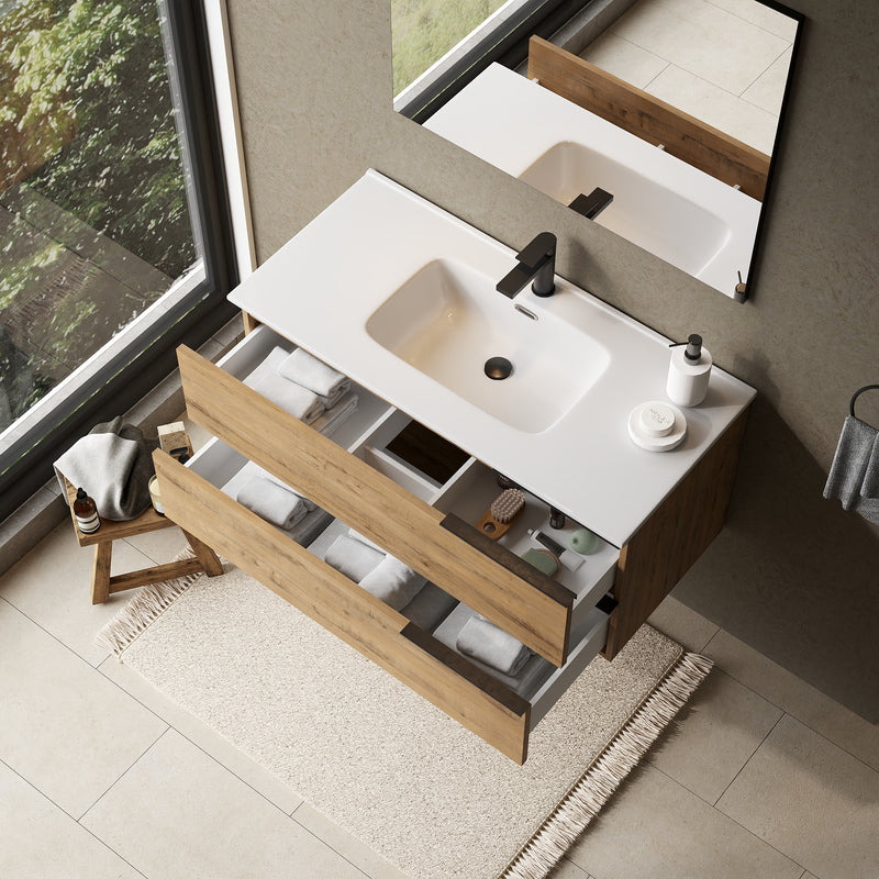 Banyetti Celtic Ostippo Oak Wall Hung Vanity Unit with Matt Black Handles - Select Size