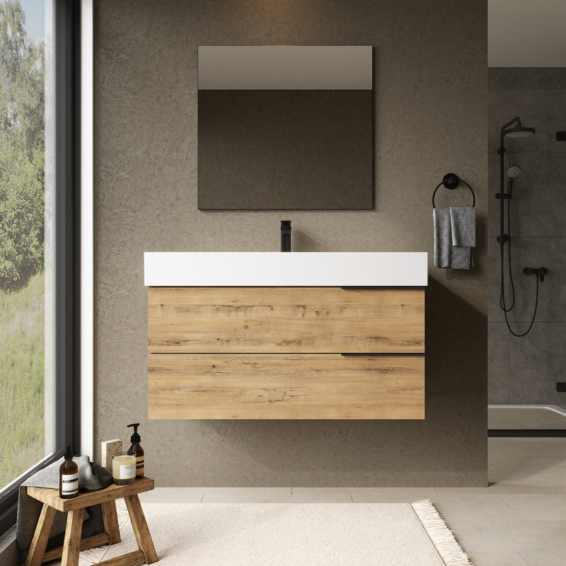 Banyetti Celtic Ostippo Oak Wall Hung Vanity Unit with Matt Black Handles - Select Size