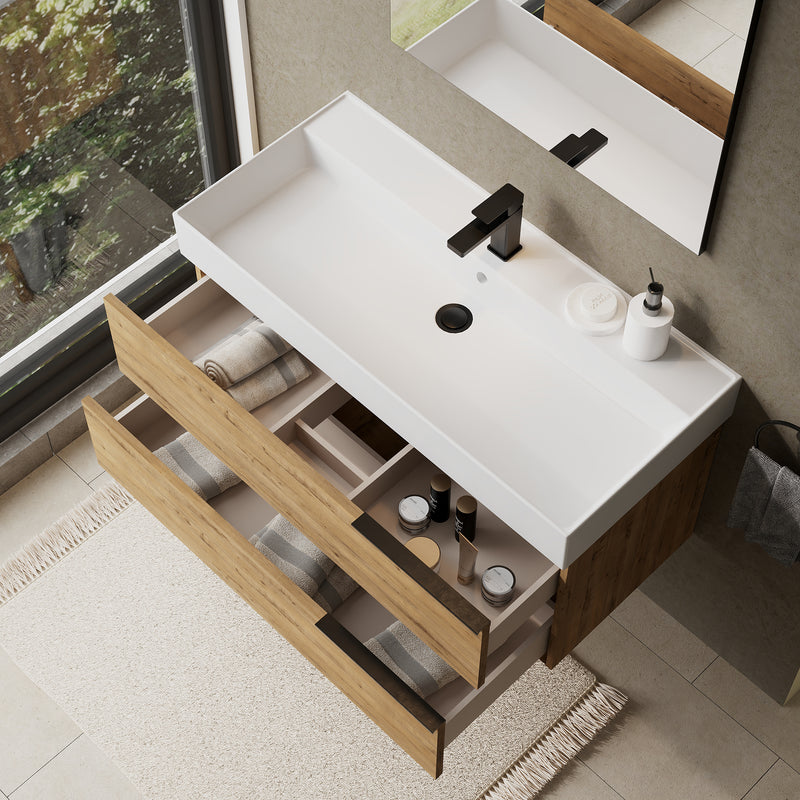 Banyetti Celtic Ostippo Oak Wall Hung Vanity Unit with Matt Black Handles - Select Size