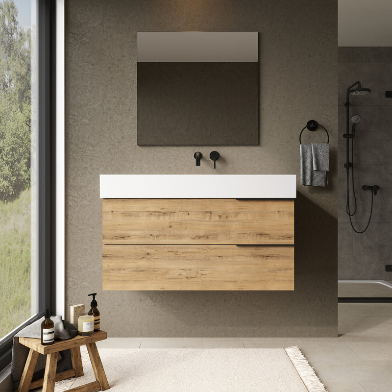 Banyetti Celtic Ostippo Oak Wall Hung Vanity Unit with Matt Black Handles - Select Size