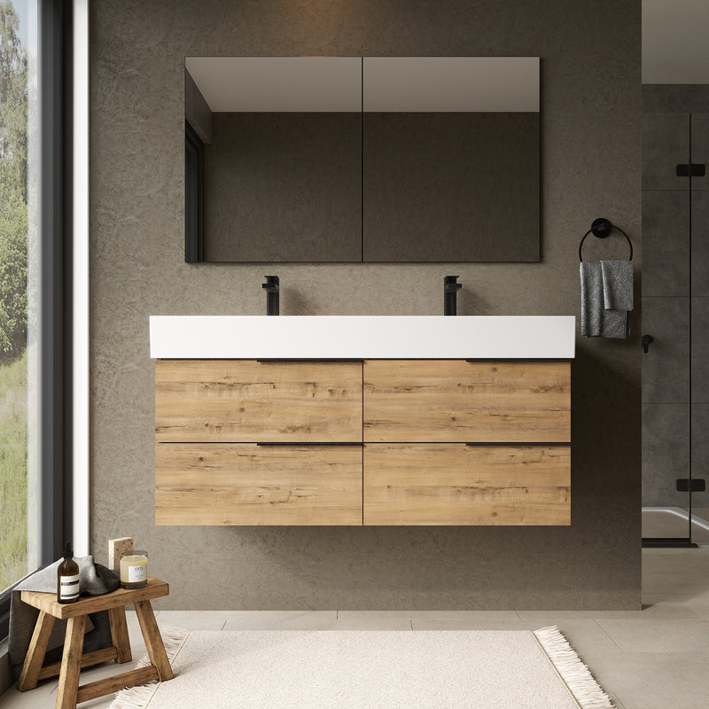 Banyetti Celtic Ostippo Oak Wall Hung Vanity Unit with Matt Black Handles - Select Size