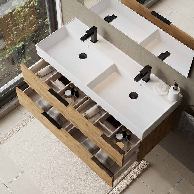 Banyetti Celtic Ostippo Oak Wall Hung Vanity Unit with Matt Black Handles - Select Size