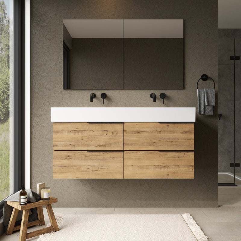 Banyetti Celtic Ostippo Oak Wall Hung Vanity Unit with Matt Black Handles - Select Size