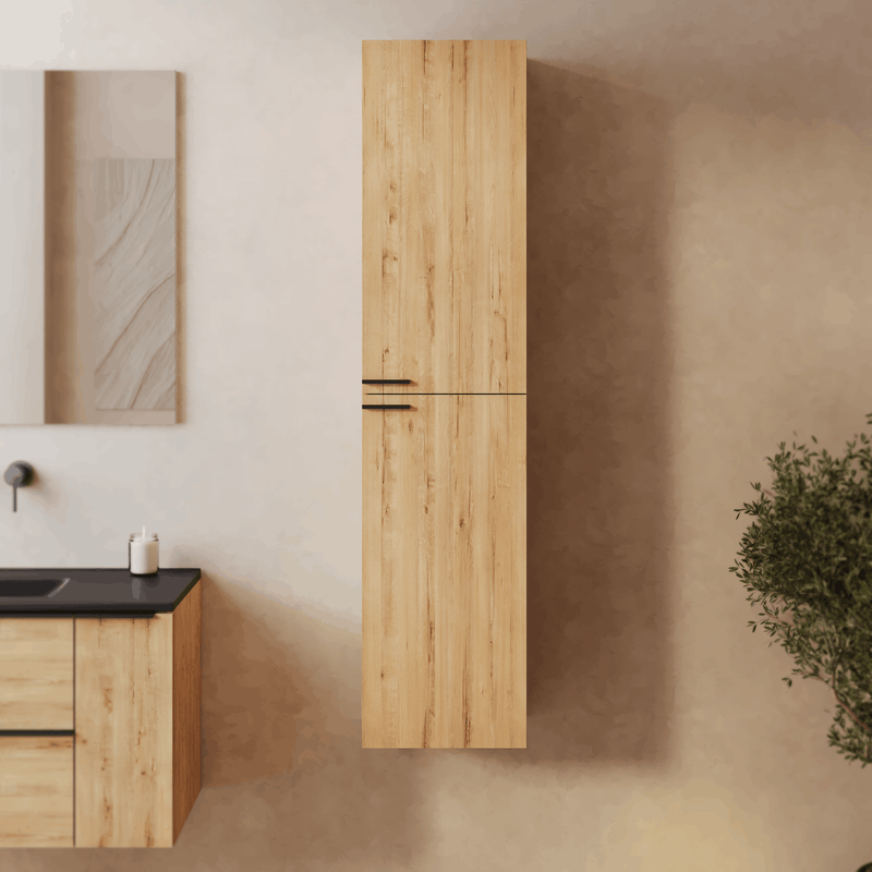 Banyetti Celtic 1500mm Wall Hung Tall Cabinet with Matt Black Handles - Ostippo Oak