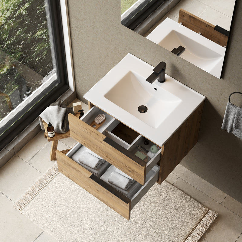 Banyetti Celtic Ostippo Oak Wall Hung Vanity Unit with Matt Black Handles - Select Size