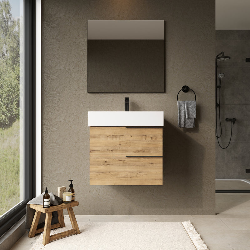 Banyetti Celtic Ostippo Oak Wall Hung Vanity Unit with Matt Black Handles - Select Size