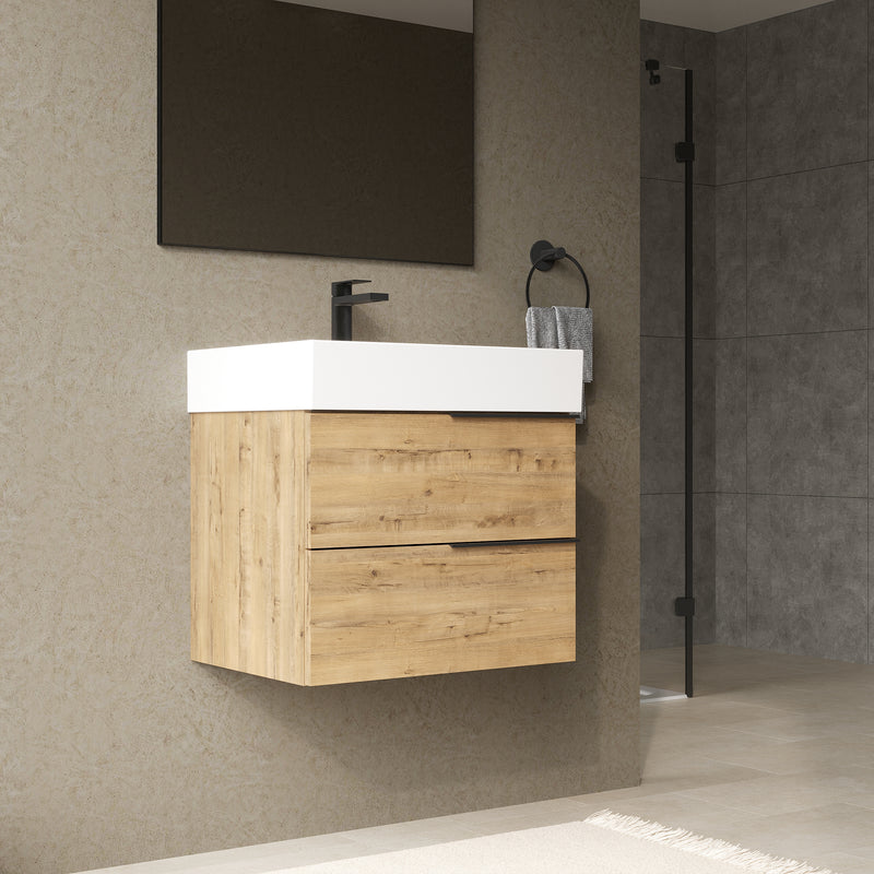 Banyetti Celtic Ostippo Oak Wall Hung Vanity Unit with Matt Black Handles - Select Size