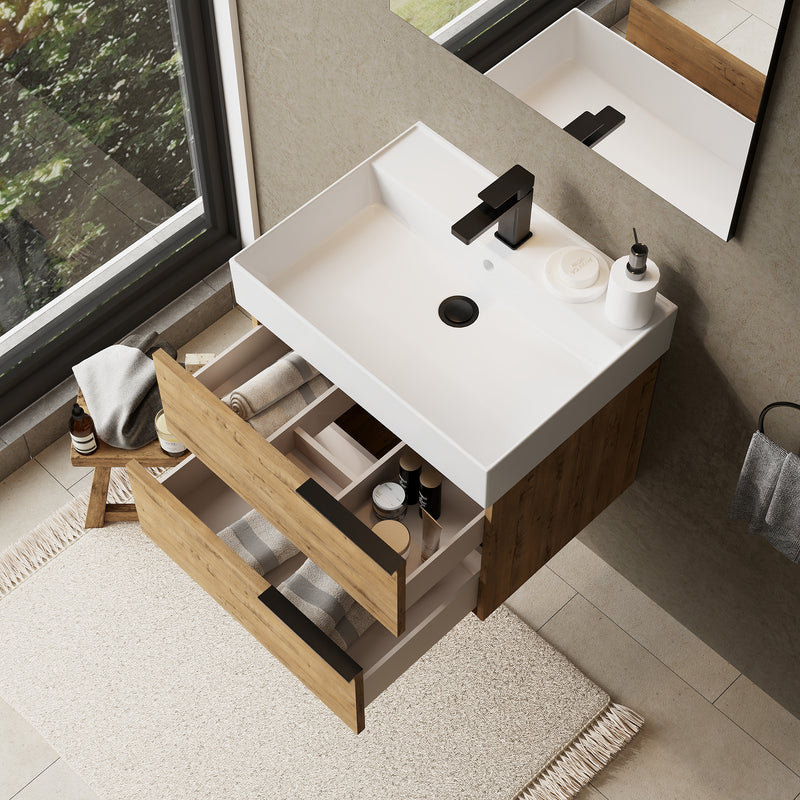 Banyetti Celtic Ostippo Oak Wall Hung Vanity Unit with Matt Black Handles - Select Size