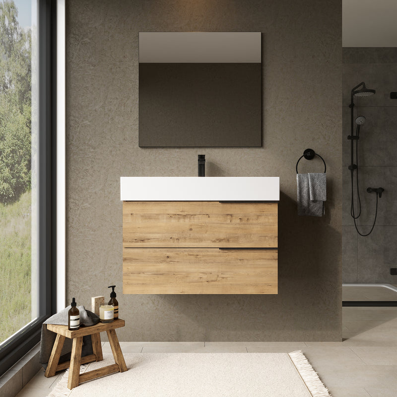 Banyetti Celtic Ostippo Oak Wall Hung Vanity Unit with Matt Black Handles - Select Size