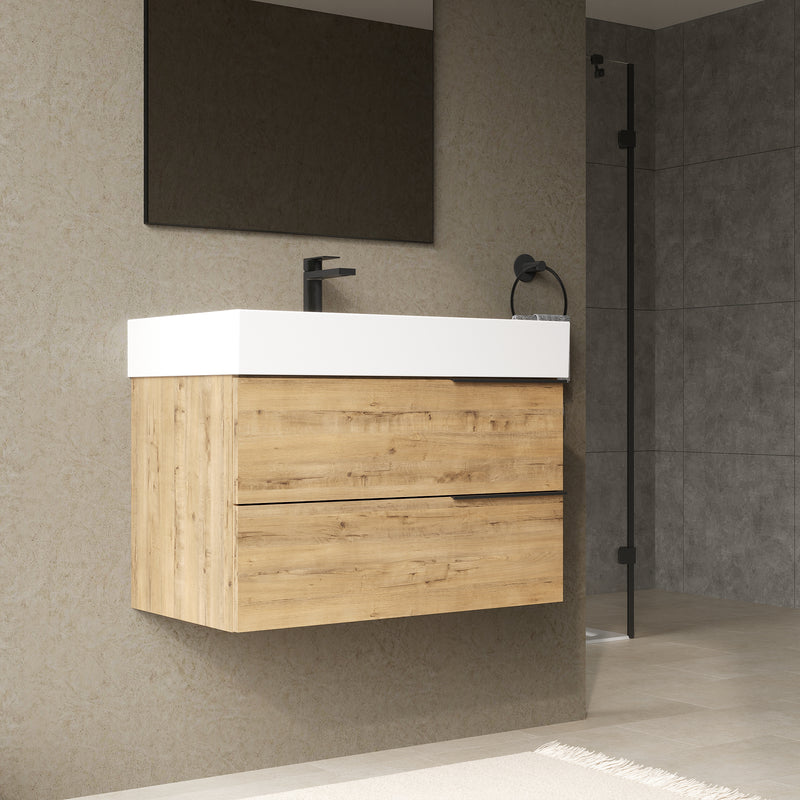 Banyetti Celtic Ostippo Oak Wall Hung Vanity Unit with Matt Black Handles - Select Size