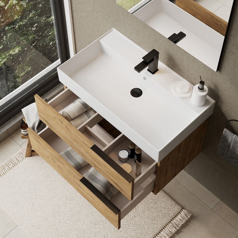 Banyetti Celtic Ostippo Oak Wall Hung Vanity Unit with Matt Black Handles - Select Size