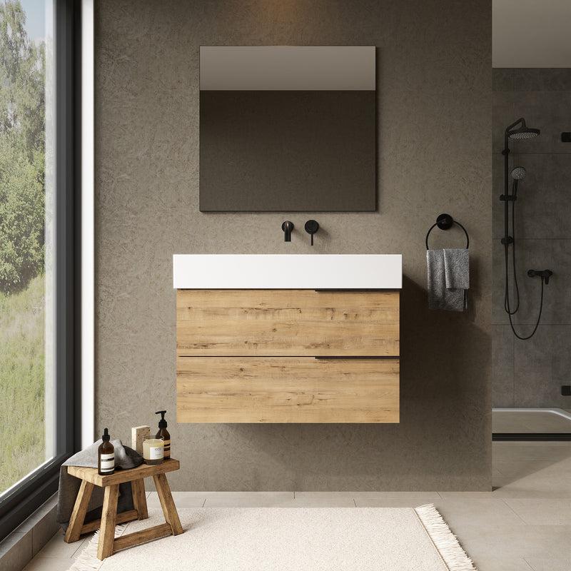 Banyetti Celtic Ostippo Oak Wall Hung Vanity Unit with Matt Black Handles - Select Size