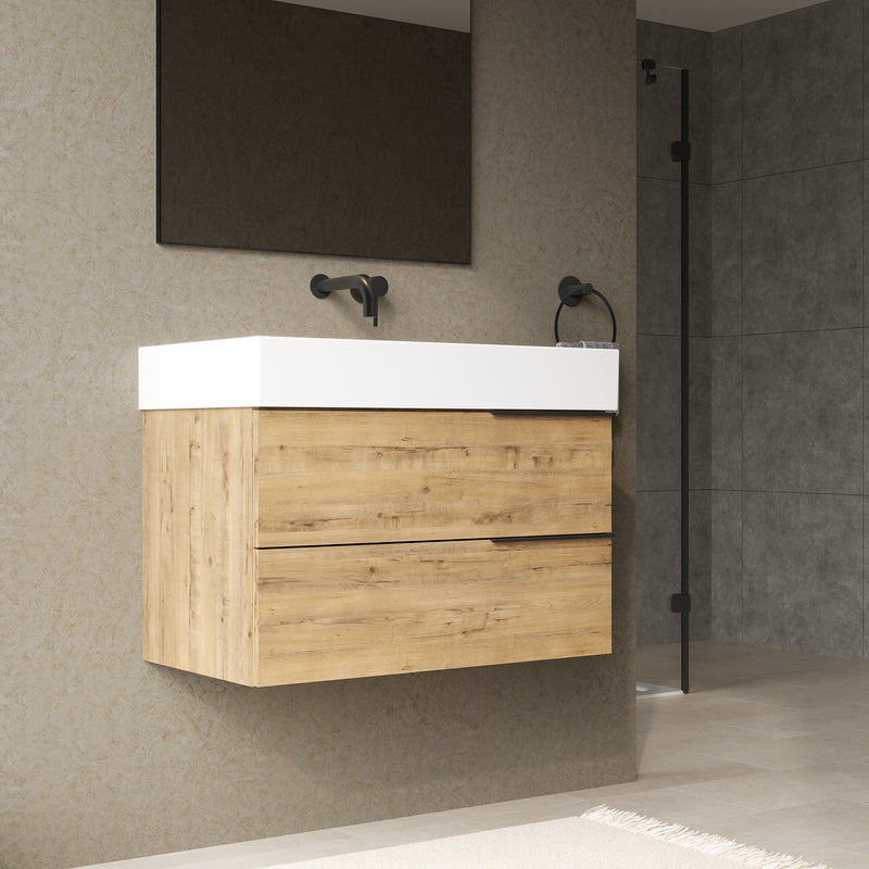 Banyetti Celtic Ostippo Oak Wall Hung Vanity Unit with Matt Black Handles - Select Size