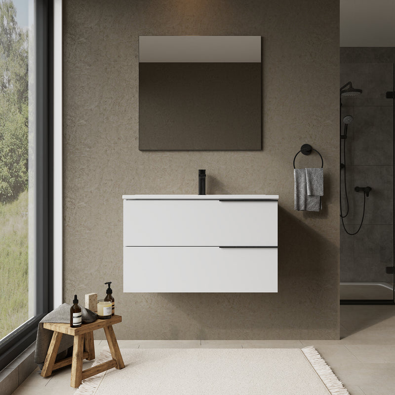 Banyetti Celtic Gloss White Wall Hung Vanity Unit with Matt Black Handles - Select Size