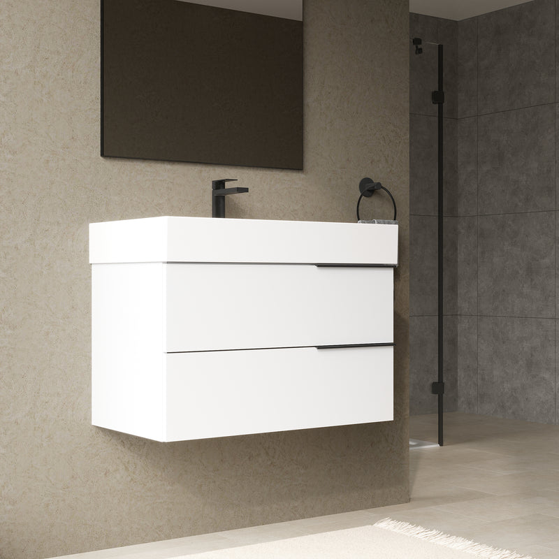 Banyetti Celtic Gloss White Wall Hung Vanity Unit with Matt Black Handles - Select Size