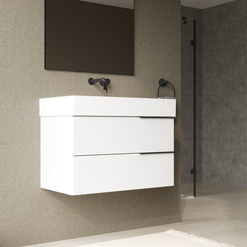 Banyetti Celtic Gloss White Wall Hung Vanity Unit with Matt Black Handles - Select Size