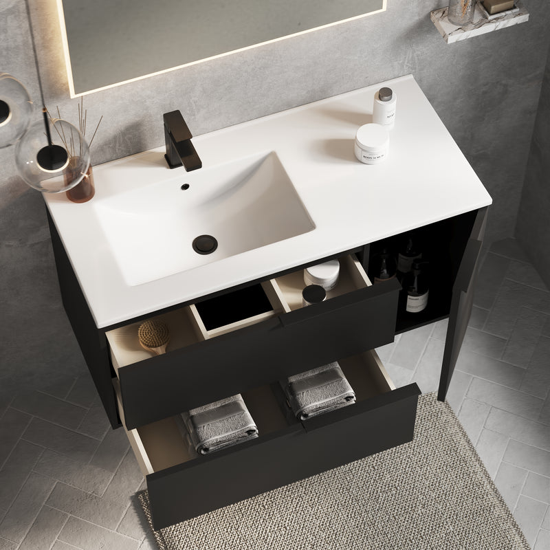 Banyetti Celtic Duo Wall Hung Vanity Unit with White Lira Offset Basin - 1000mm Matt Black