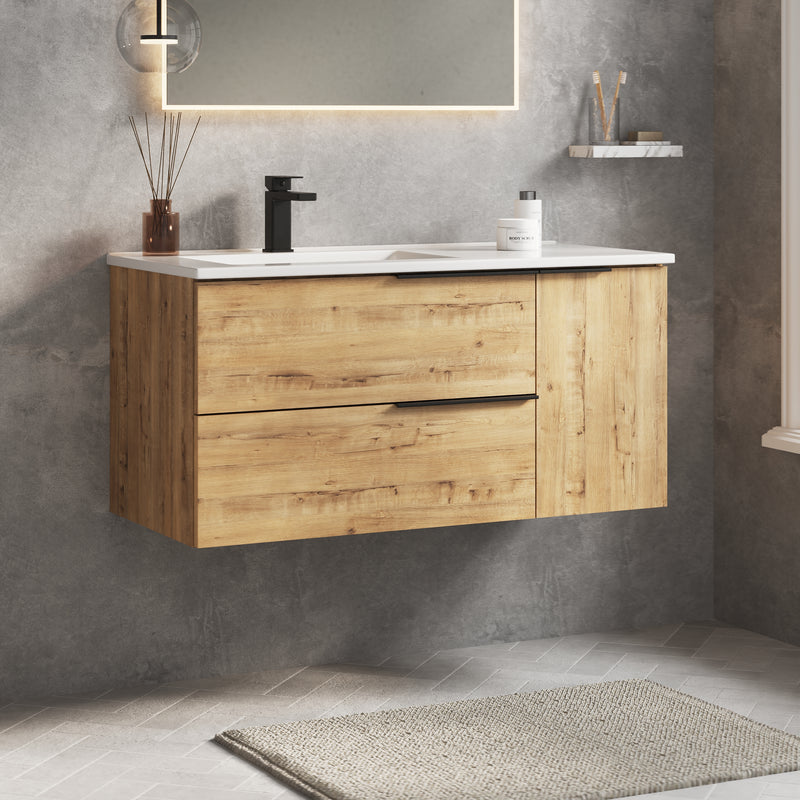 Banyetti Celtic Duo Ostippo Oak Wall Hung Vanity Unit with Matt Black Handles - Select Size