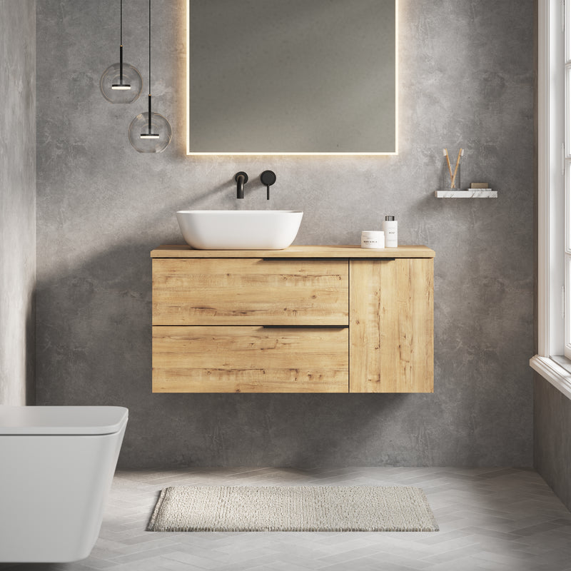 Banyetti Celtic Duo Ostippo Oak Wall Hung Vanity Unit with Matt Black Handles - Select Size