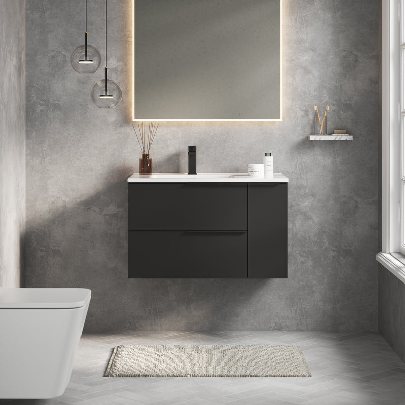 Banyetti Celtic Duo Wall Hung Vanity Unit with White Lira Offset Basin - 800mm Matt Black