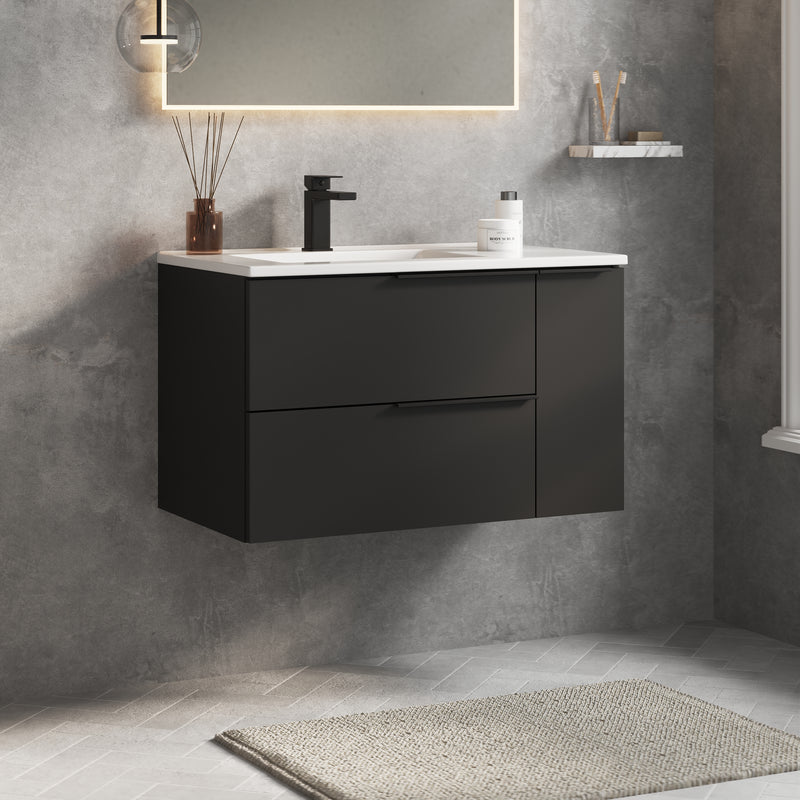 Banyetti Celtic Duo Wall Hung Vanity Unit with White Lira Offset Basin - 800mm Matt Black