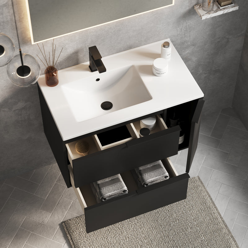 Banyetti Celtic Duo Wall Hung Vanity Unit with White Lira Offset Basin - 800mm Matt Black