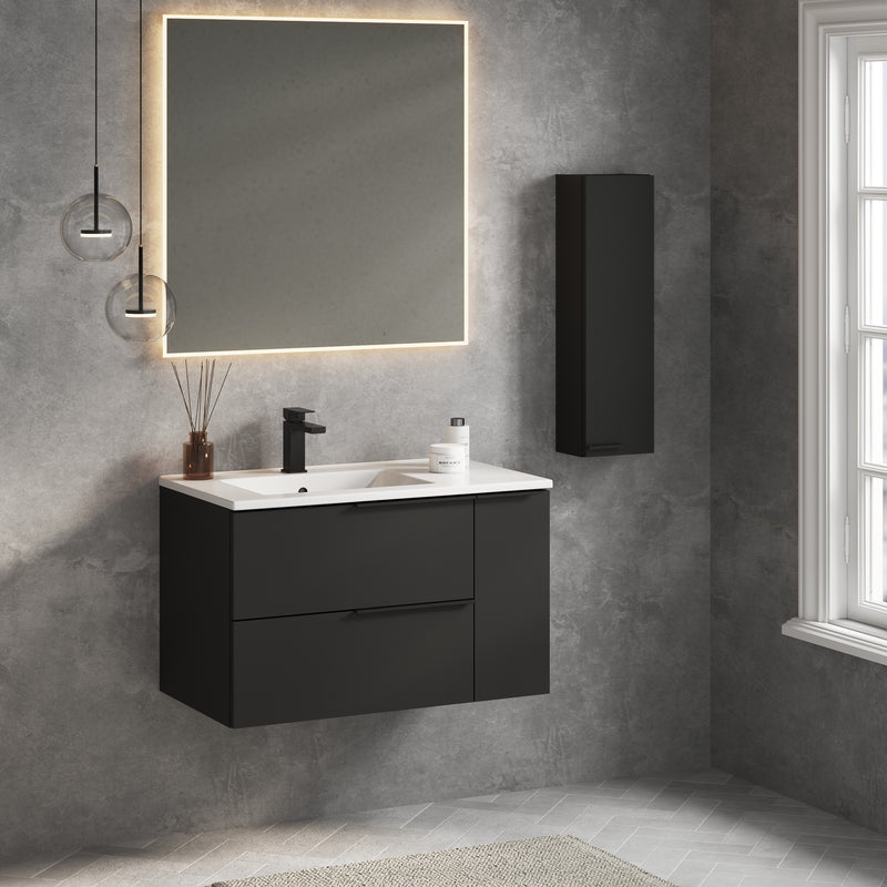 Banyetti Celtic Duo Wall Hung Vanity Unit with White Lira Offset Basin - 800mm Matt Black