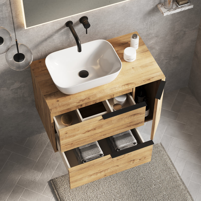 Banyetti Celtic Duo Ostippo Oak Wall Hung Vanity Unit with Matt Black Handles - Select Size